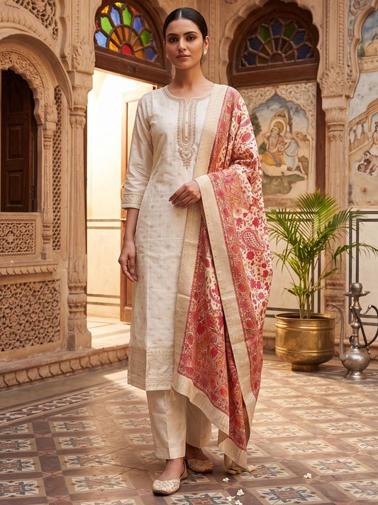 Cream Dola Silk With Jacquard Straight Kurta Set