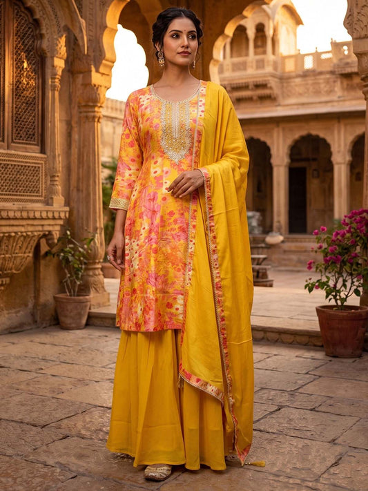 Yellow Russian Silk Printed Sharara Suit