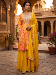 Yellow Russian Silk Printed Sharara Suit
