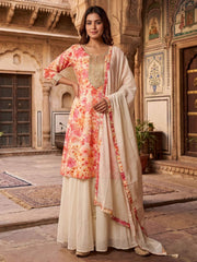 Off White Russian Silk Printed Sharara Suit