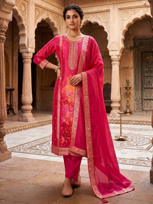 Gajri Red Dola Silk With Jacquard Straight Kurta Set