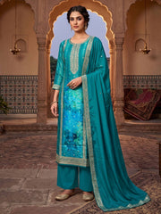Rama Blue Dola Silk With Jacquard Straight Kurta Set
