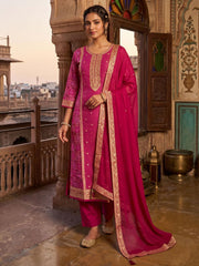 Magenta Dola Silk With Jacquard Straight Kurta Set