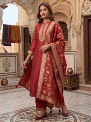 Rust Silk Straight Kurta Set With Dupatta