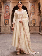 Off White Silk A-Line Kurta Set With Dupatta