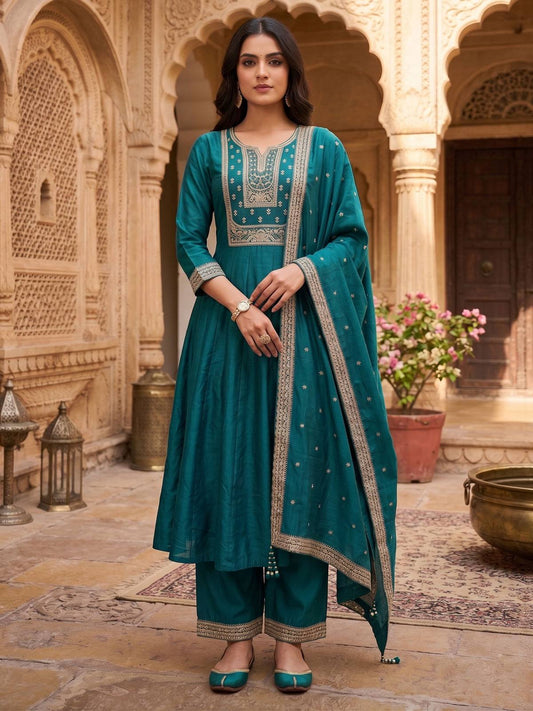 Teal Colour A Line Silk Kurta Set