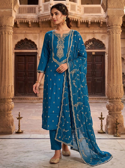 Blue Dola Silk Kurta Set With Dupatta