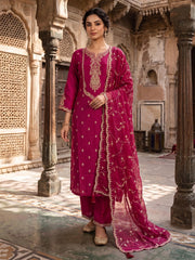 Cherry Red Dola Silk Kurta Set With Dupatta