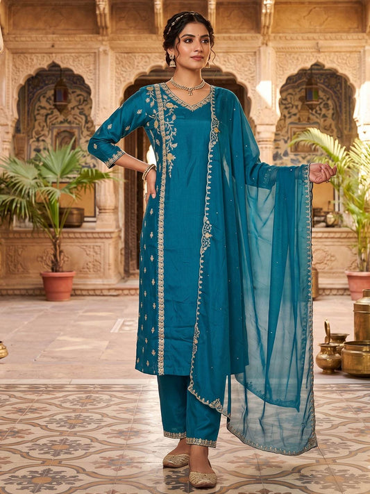 Teal Blue Dola Silk Kurta Set With Dupatta