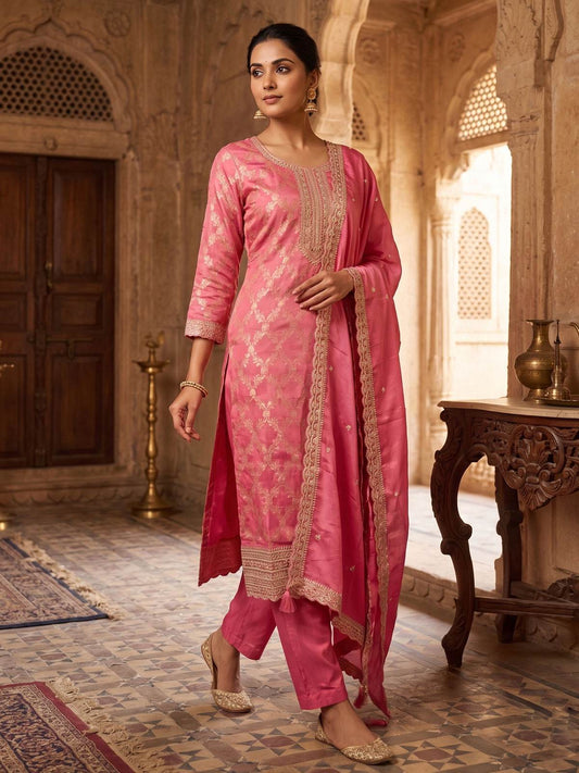 Gajri Pink Dola Silk With Jacquard Kurat Set With Dupatta