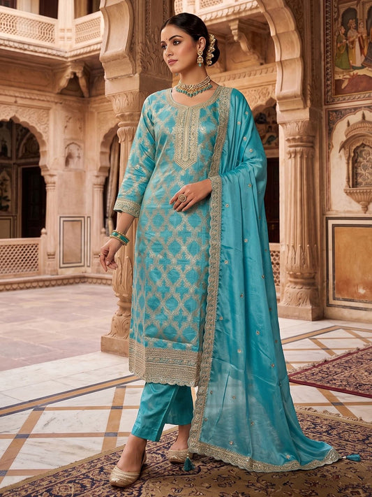 Aqua Blue  Dola Silk With Jacquard Kurat Set With Dupatta