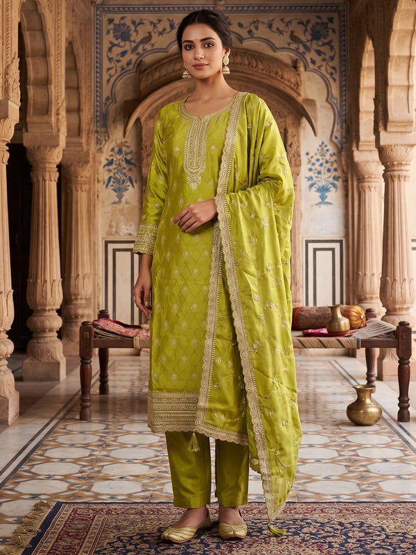 Mehndi Green Dola Silk With Jacquard Kurat Set With Dupatta