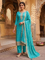 Blue Silk With Jacquard Kurat Set With Dupatta