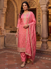 Pink Dola Silk With Jacquard Kurat Set With Dupatta
