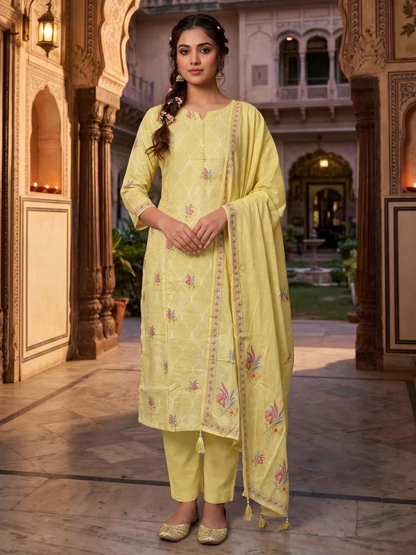 Lime Yellow Viscose Linen Printed Kurta Set