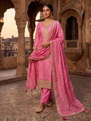 Light Pink Dola Silk With Jacquard Kurat Set With Dupatta