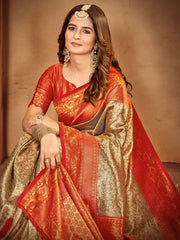 Women Gold Zari Woven Traditional Saree with Ethnic Motive Border