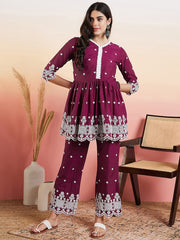 Purple & White Floral Embroidered Pleated Ethnic Co-ords