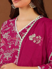 Red V Neck Gotta Patti Floral Printed Angrakha Gotta Patti Kurta with Palazzo & Dupatta