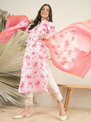White & pink Floral Printed Mandarin Collar Regular Kurta & Trousers & Dupatta