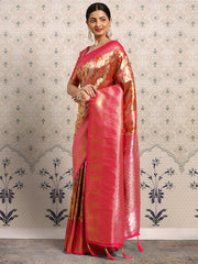 Orange and pink Floral Zari Saree