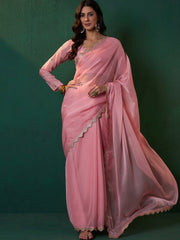 Peach Embroidered Bordered Sarees
