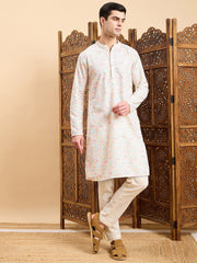 Off White Geometric Embroidered Mandarin Collar Straight Kurta