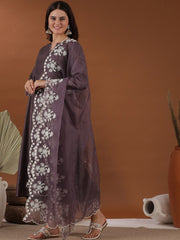 Mauve Notched Neck Thread Work A-Line Kurta with Trousers & With Dupatta
