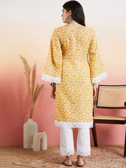 Mustard Floral Printed Thread Work Straight Kurta