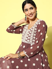 Mauve Floral Embroidered Thread Work Georgette Anarkali Kurta with Inner