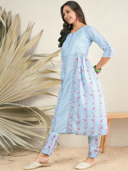 Blue Floral Printed Round Neck Regular A-Line Kurta With Trousers