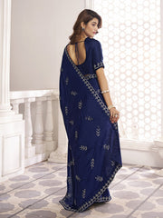 Navy Blue Embellished Beads and Stones Satin Saree