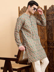 Green Floral Printed Mandarin Collar Zari Cotton A-Line Kurta