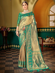 Women Gold Soft Silk Zari Woven Traditional Saree with Swaroski Diamonds