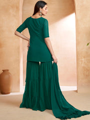Green Floral Embroidered Kurta With Sharara & Dupatta