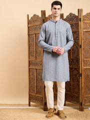 Grey Ethnic Motifs Printed Mandarin Collar Sequins A-Line Kurta