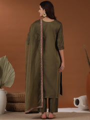 Green Ethnic Motifs Yoke Design Thread Work Pure Silk Straight Kurta Trousers & Dupatta