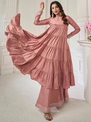 Peach Striped Round Neck Long Sleeves Gotta Patti Kurta with Sharara