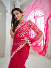 Magenta Floral Embroidered Net Saree