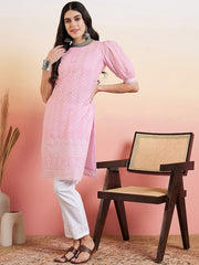 Pink & White Floral Embroidered Thread Work Pure Cotton Straight Kurta & Trouser