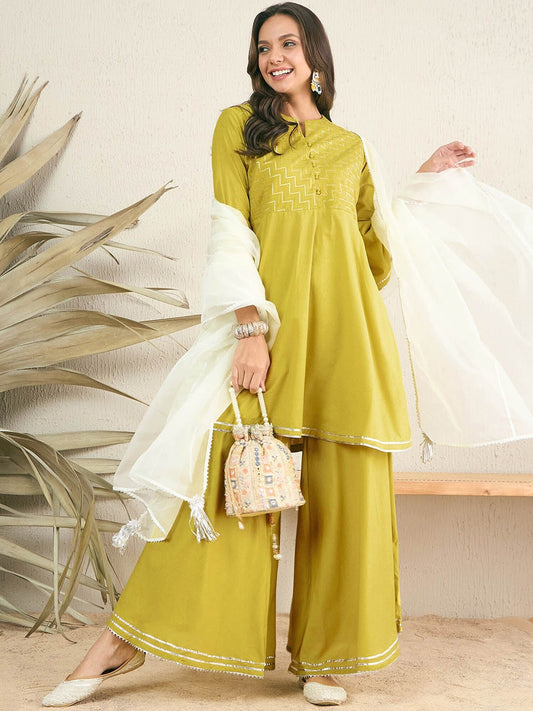 Green Women Regular Gotta Patti Kurta with Sharara & With Dupatta