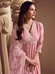 Amyra Dastur Pink V-Neck Floral Pleated Thread Work Pure Silk A-Line Kurta with Trousers & Dupatta