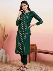 Green Women Ethnic Motifs Regular Chanderi Cotton Kurta with Trousers