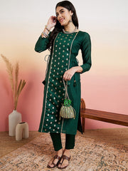 Green Women Ethnic Motifs Regular Chanderi Cotton Kurta with Trousers
