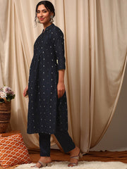 Women Navy Blue Ethnic Woven Design Stright Kurta