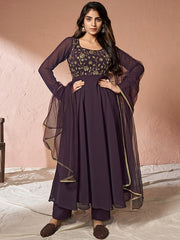 Floral Embroidered Thread Work Anarkali Kurta & Trousers With Dupatta