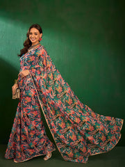 Teal Blue Floral Printed Saree