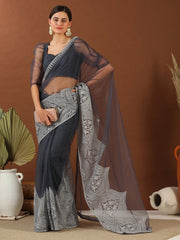 Grey Embroidered Net Saree