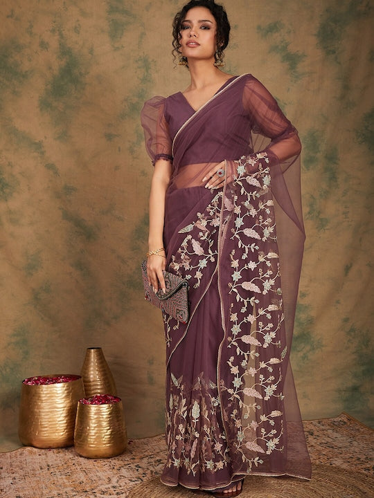 Mauve Floral Embroidered Net Sarees