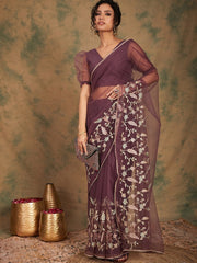 Mauve Floral Embroidered Net Sarees